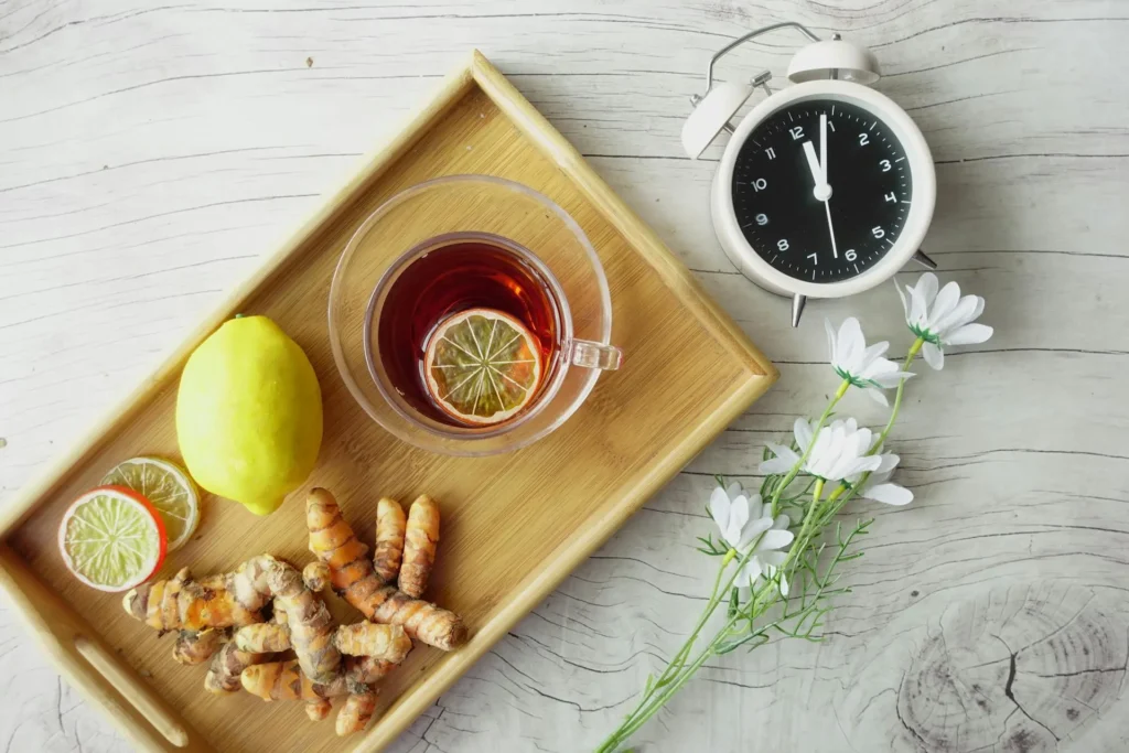 Organic turmeric ginger tea in a cup, anti-inflammatory and immune-boosting
