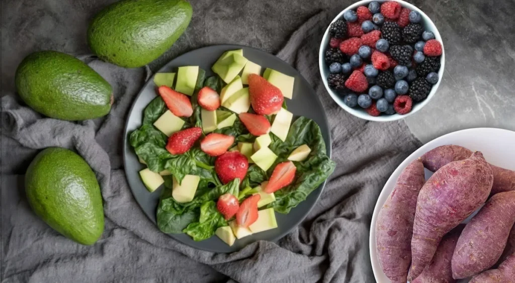 Fresh organic foods for glowing skin featuring spinach avocado salad, mixed berries, and sweet potatoes.