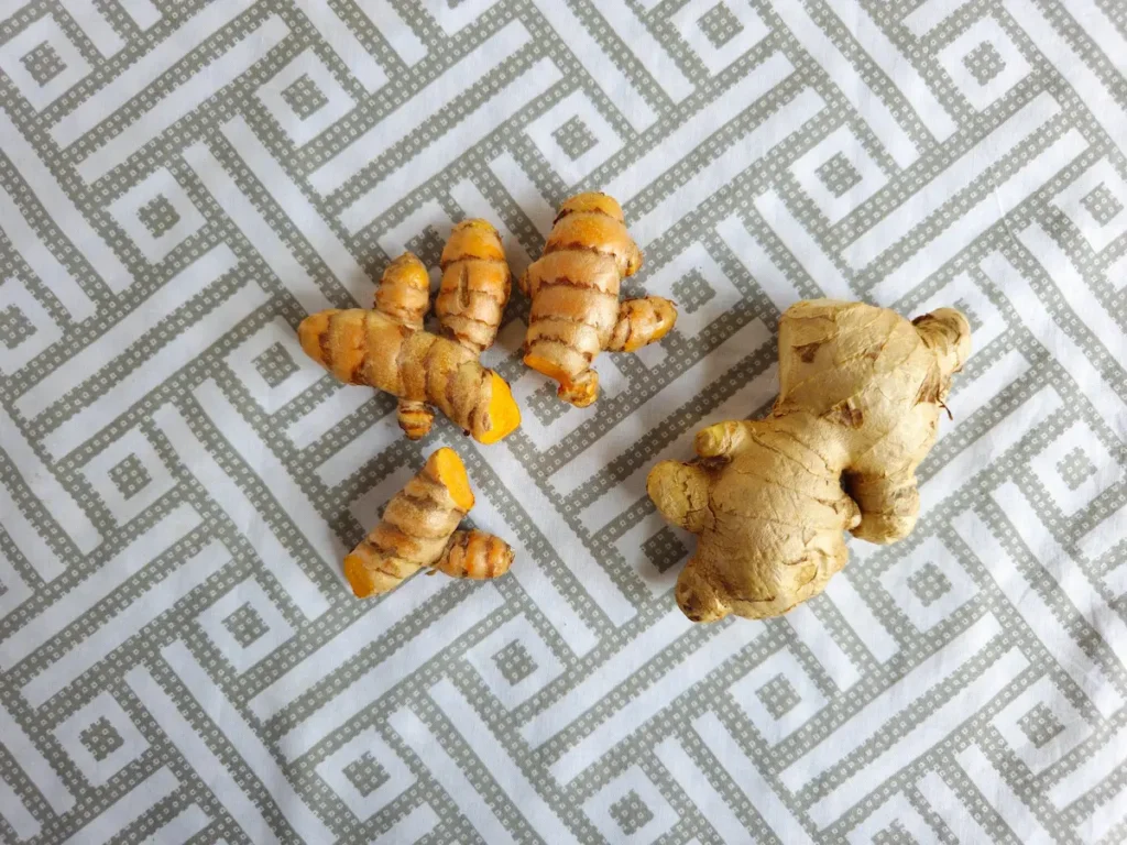 Fresh organic ginger and turmeric roots, with one turmeric root sliced open to reveal its bright orange flesh, resting on a patterned cloth.
