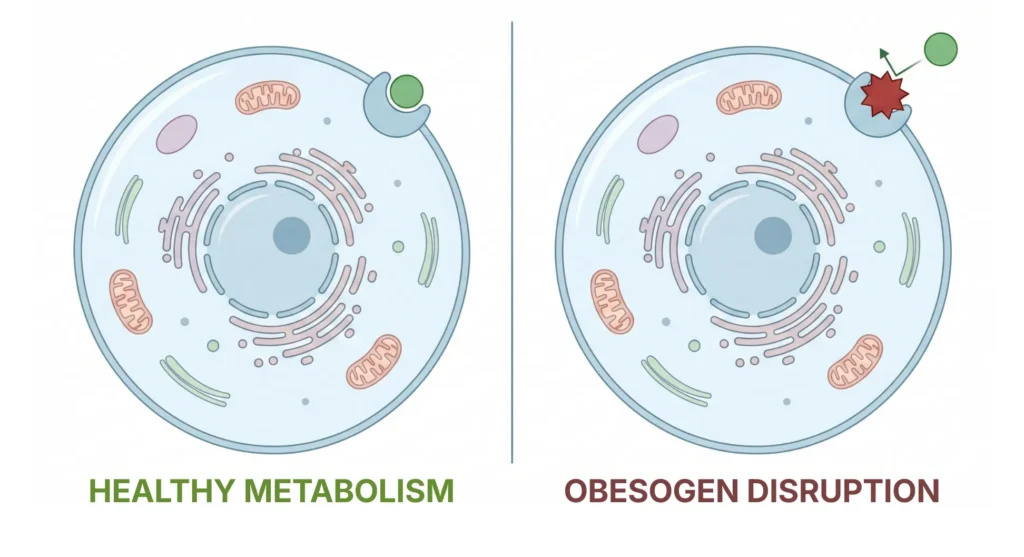 A scientific diagram comparing healthy cellular metabolism with obesogen disruption, showing a synthetic chemical blocking a cell receptor.