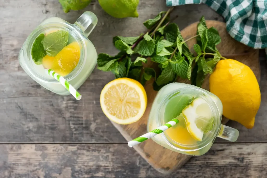 A refreshing organic lemon and mint cooler in a glass with ice.