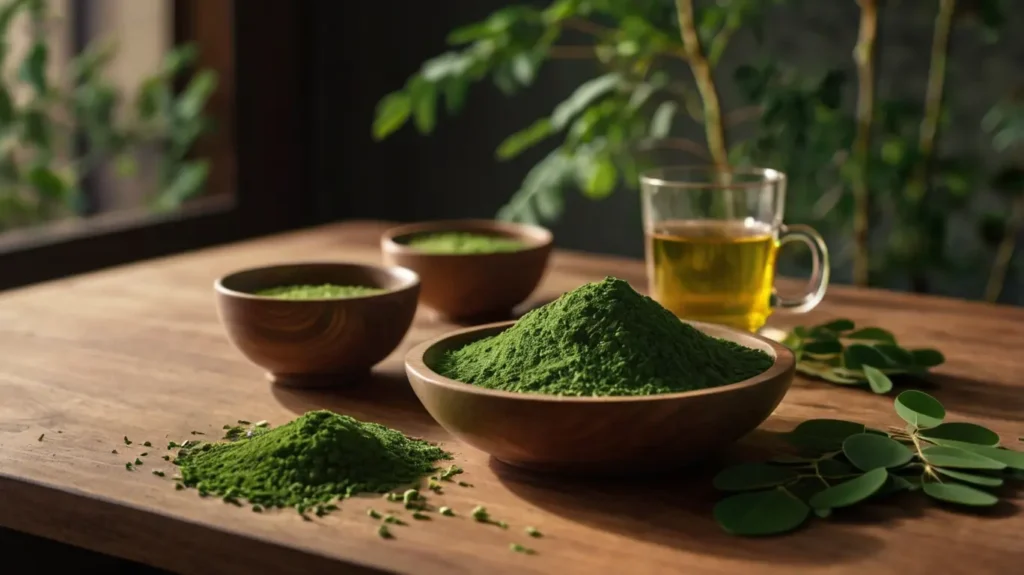 Luxury tabletop display featuring moringa powder, leaves, capsules, and tea, highlighting moringa benefits and uses as a superfood.