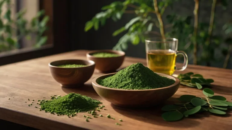 Luxury tabletop display featuring moringa powder, leaves, capsules, and tea, highlighting moringa benefits and uses as a superfood.
