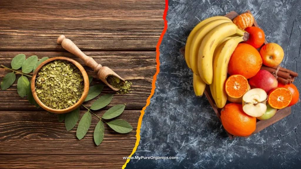 Close-up of fresh, vibrant crushed moringa leaves from the miracle tree, showcasing natural health benefits, and why it is called nutrient dense when compared with other fruits such as oranges and bananas.