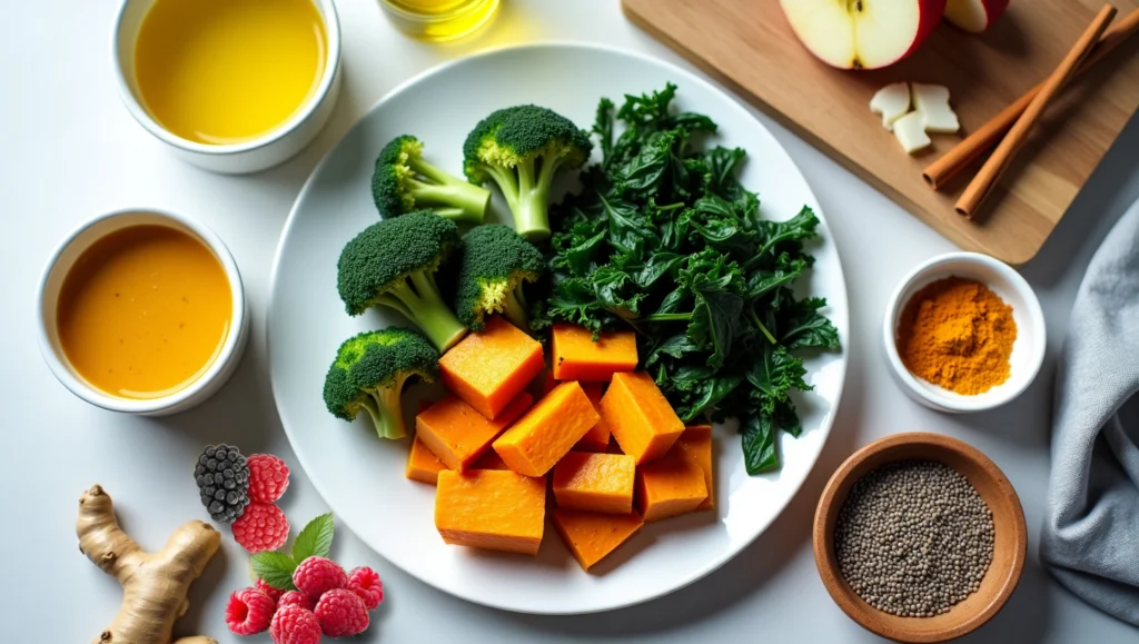 A healthy anti-inflammatory meal featuring sweet potatoes, leafy greens, berries, chia seeds and turmeric, designed to reduce chronic inflammation naturally.