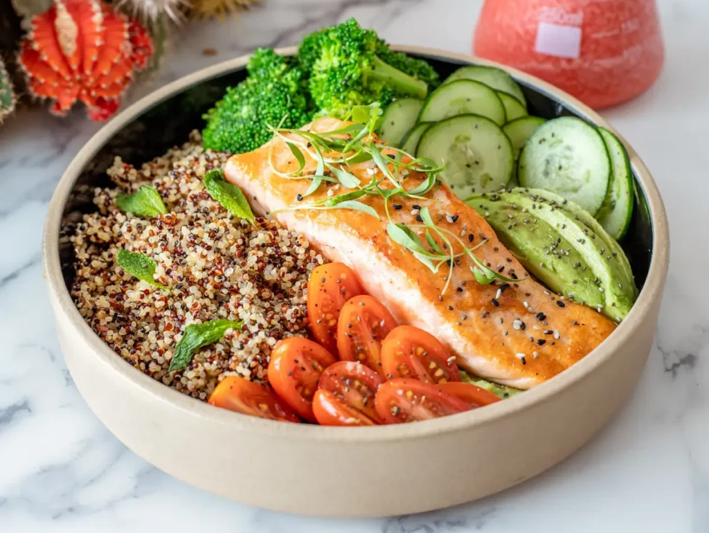 A balanced dinner plate featuring baked wild-caught salmon, roasted vegetables, and quinoa to reduce oxidative stress.