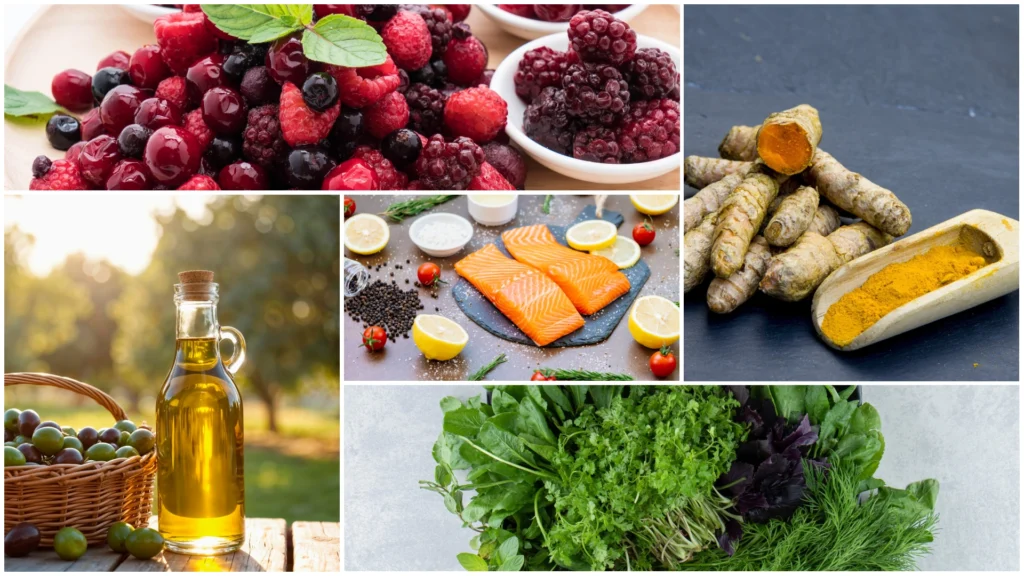 Collage of the best anti-inflammatory foods, including turmeric, berries, leafy greens, salmon and olive oil, all known to reduce inflammation naturally.