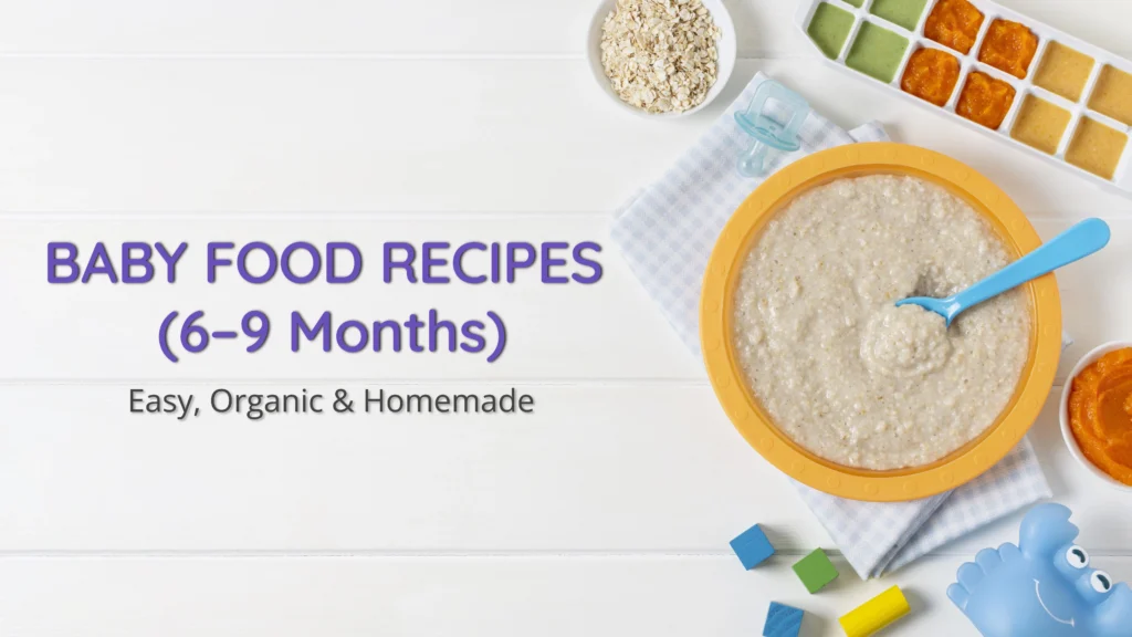 Organic baby food oatmeal with purees and feeding toys for 6 to 9-month-old infants