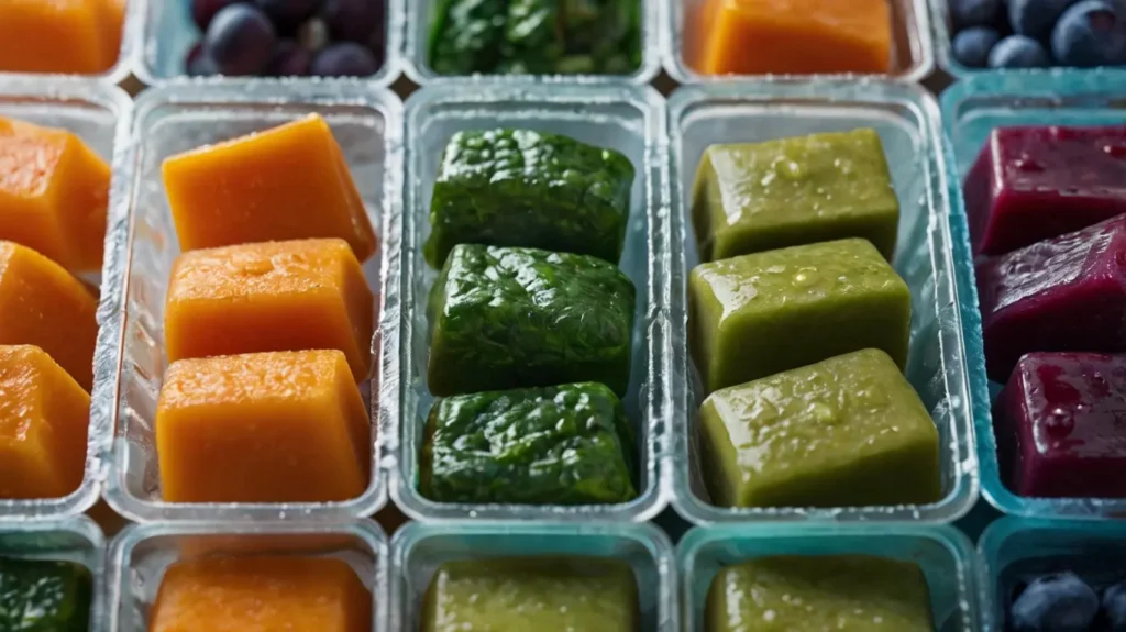 Frozen baby food cubes stored in trays for meal prep