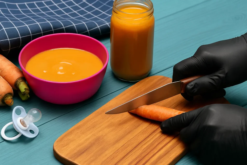 Parent making homemade baby food using fresh organic produce