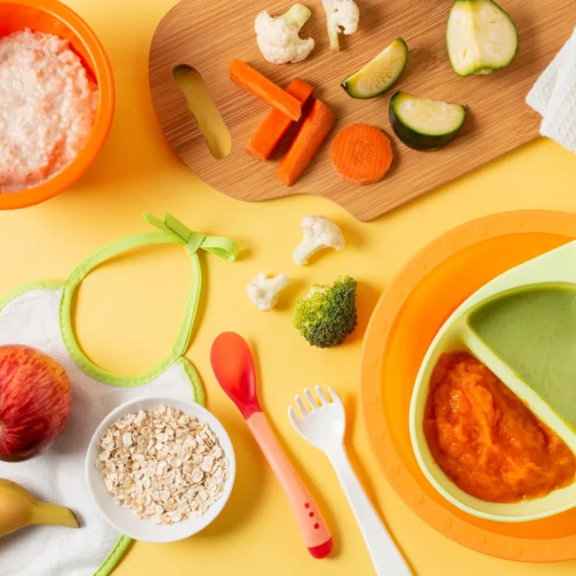Homemade baby food in bowls with fresh fruits, vegetables, oats, and baby utensils on yellow background