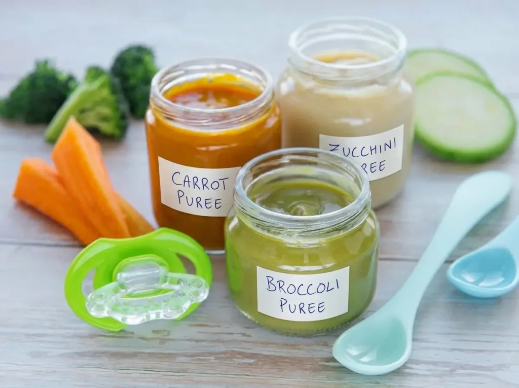 Homemade carrot, broccoli, and zucchini baby food purees stored safely in labeled glass jars, placed next to fresh vegetables and baby spoons on a wooden table.