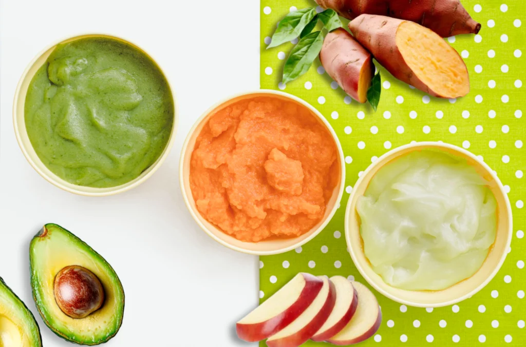 Homemade stage 1 baby food recipes: avocado, apple, and sweet potato purees for babies aged 6–9 months