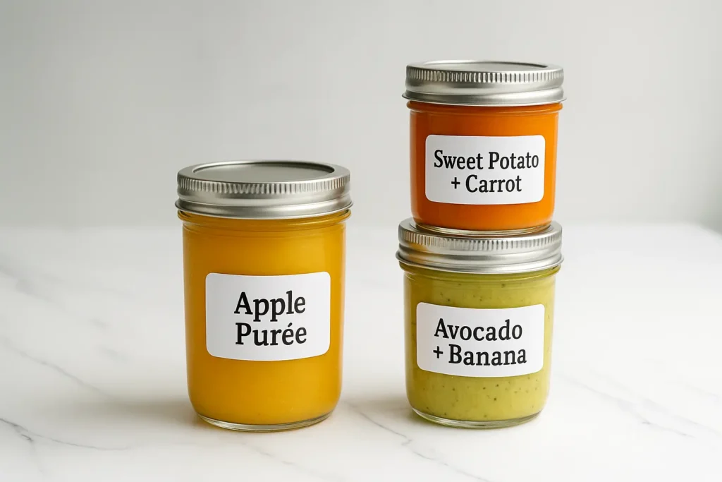 Homemade baby food jars with apple, avocado banana, and sweet potato puree