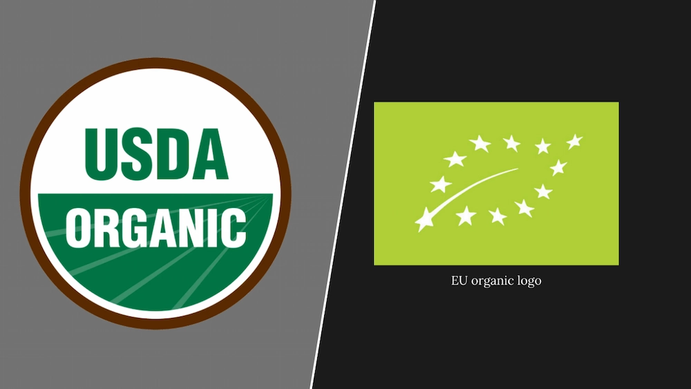 A side-by-side comparison of the official USDA Organic seal and the European Union organic logo to help parents read organic baby food labels correctly.