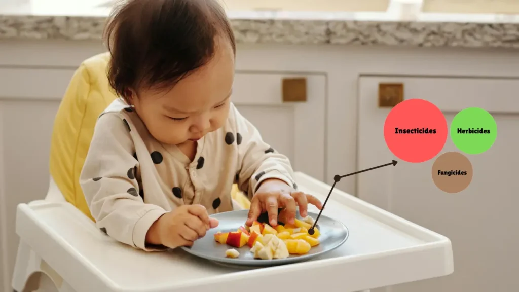 Child eating fruit with pesticide concern illustration