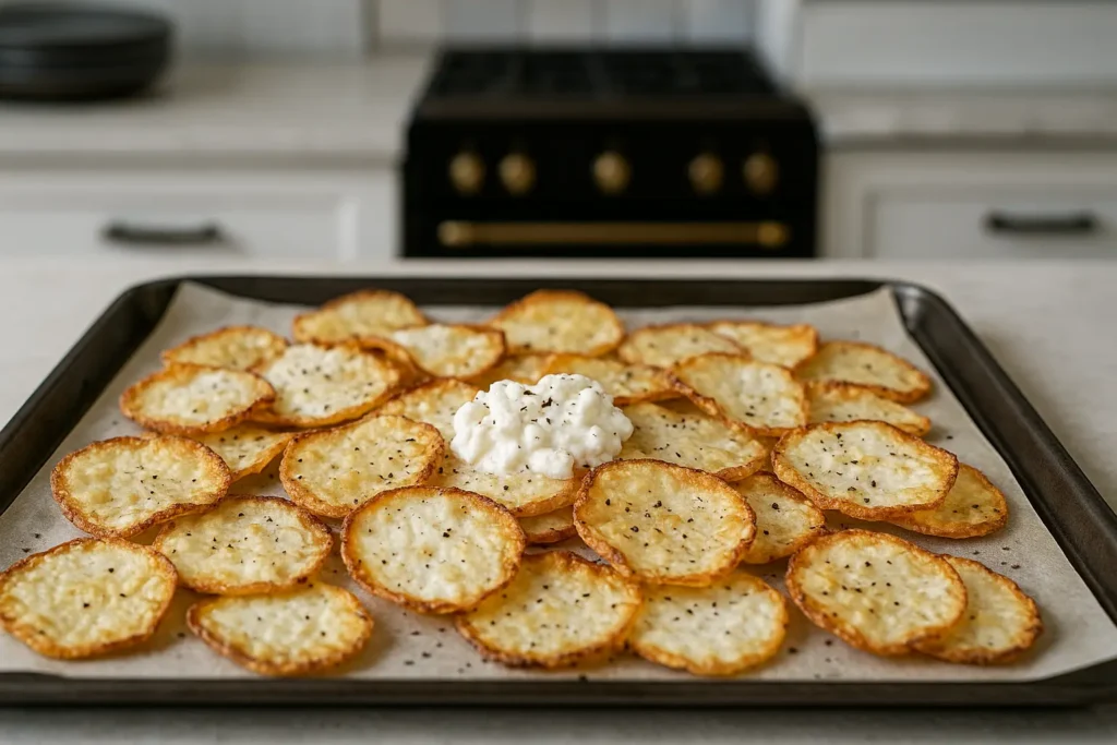 Golden crispy cottage cheese chips on parchment paper with seasoning