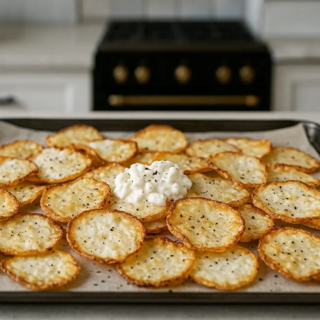 Golden crispy cottage cheese chips on parchment paper with seasoning