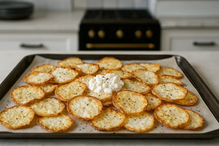 Golden crispy cottage cheese chips on parchment paper with seasoning