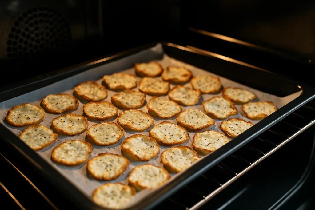 Tray of crispy cottage cheese chips inside the oven, clean baked snack made from high-protein dairy