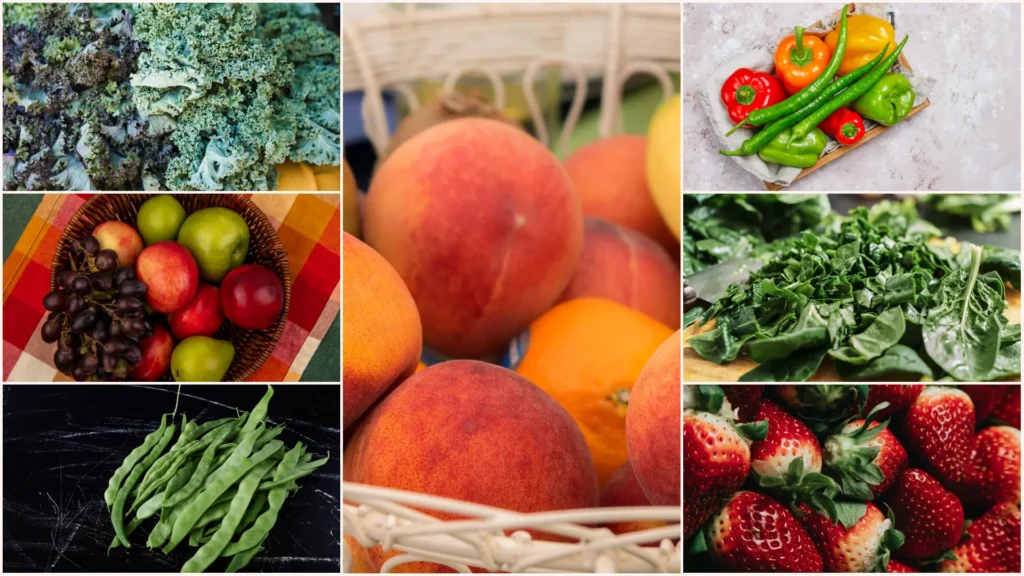 Dirty Dozen fruits and vegetables collage including strawberries, spinach, grapes, apples, peaches, kale, and green beans