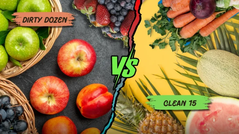 Dirty Dozen vs Clean 15 produce comparison with labeled fruits and vegetables for organic shopping