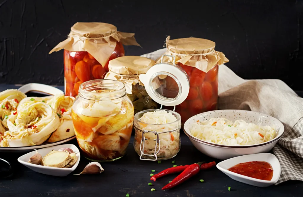 Fermented foods like kefir, kimchi, and sauerkraut for gut support