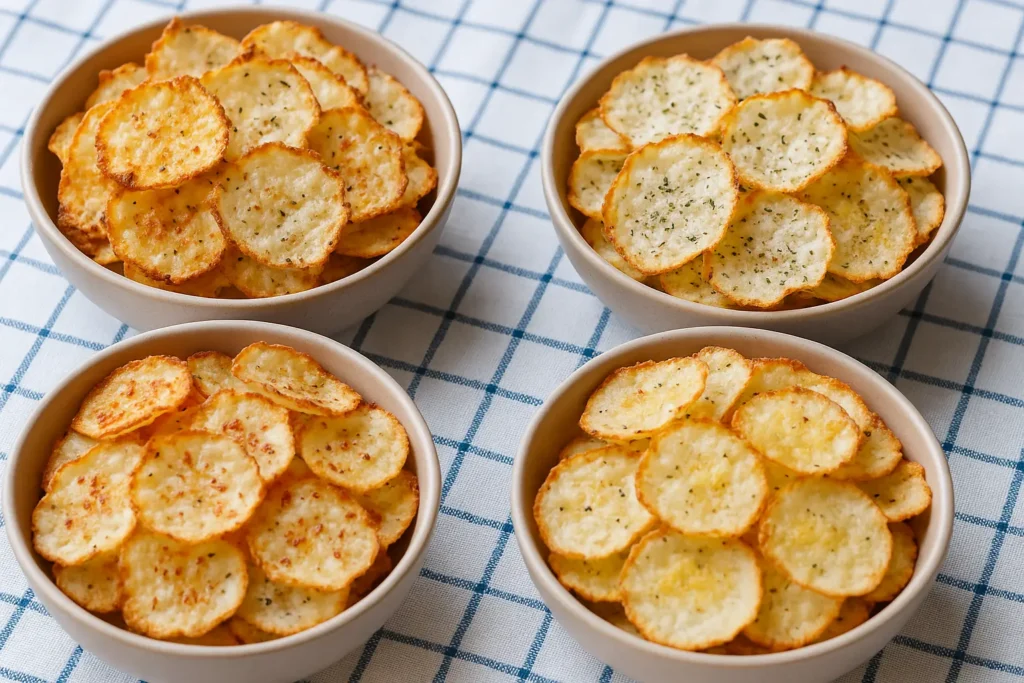 Seasoned cottage cheese chips in different flavor styles