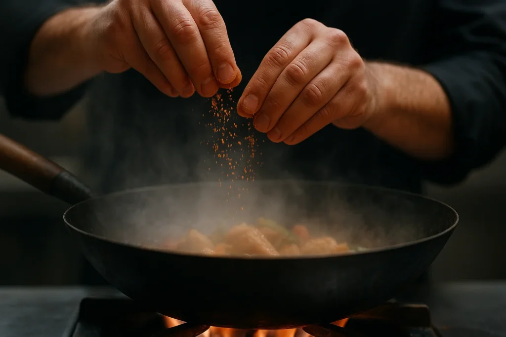 Sprinkling organic spices into a vegetable stir fry