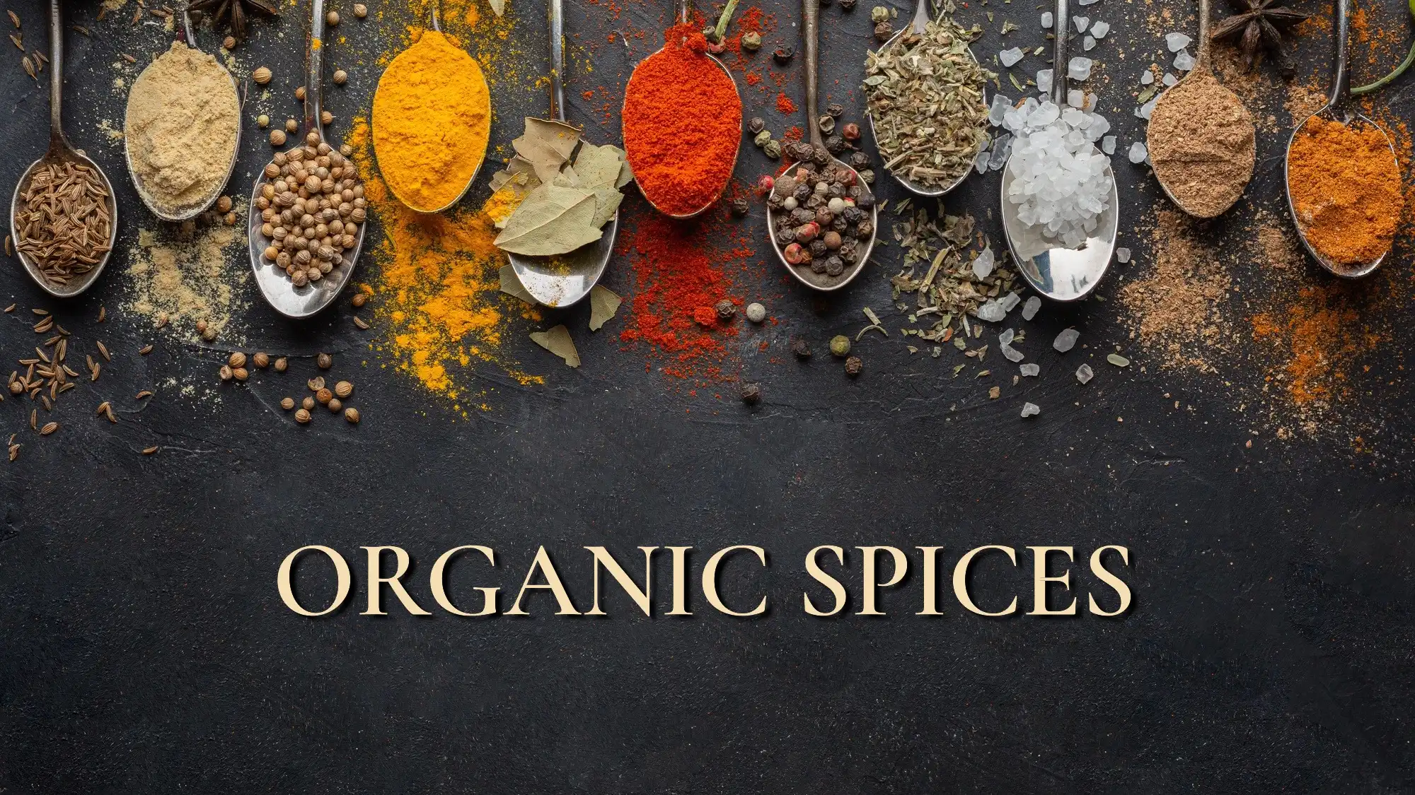 Flatlay of organic spices on spoons over dark background with text Organic Spices in center Flatlay of organic spices on spoons over dark background with text Organic Spices in center