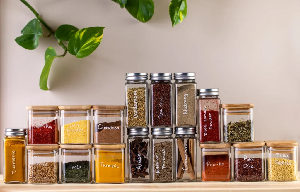 Labeled jars of organic spices arranged on a kitchen counter