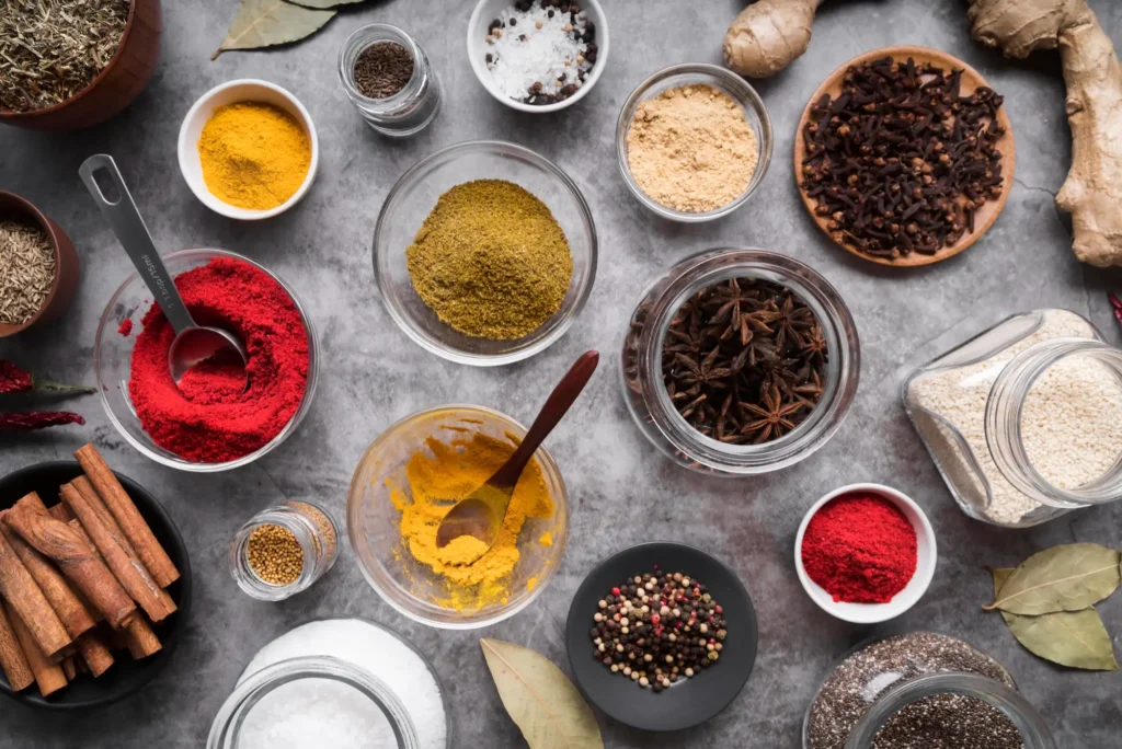 Top 5 organic spices with names and vibrant colors on display