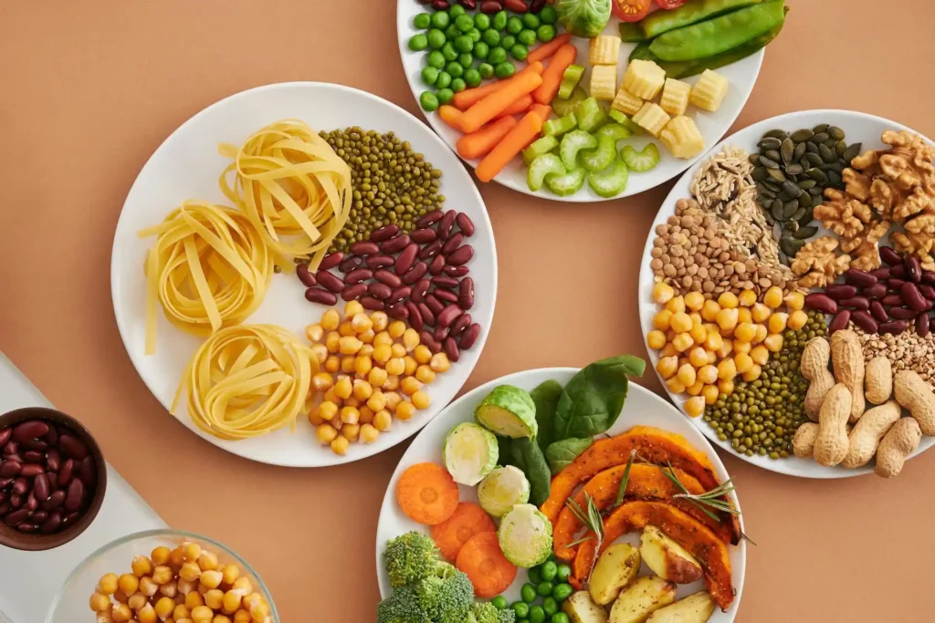 Flat lay of uncooked chickpea, lentil, quinoa, and edamame pastas