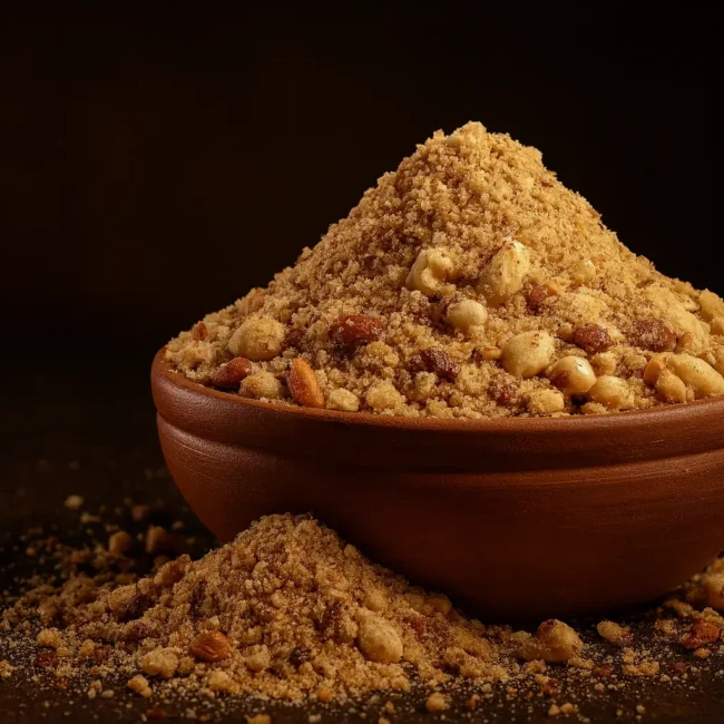 Organic Panjeeri in a clay bowl, made with almonds, Tragacanth Gum, lotus seeds, and whole grains