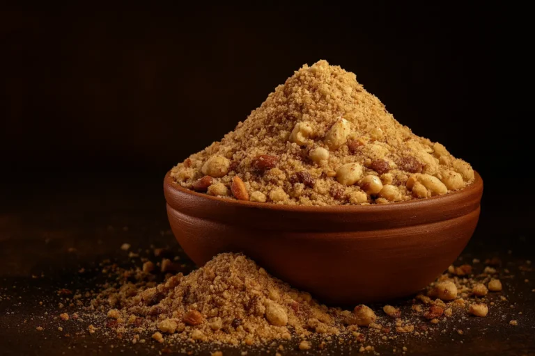 Organic Panjeeri in a clay bowl, made with almonds, Tragacanth Gum, lotus seeds, and whole grains