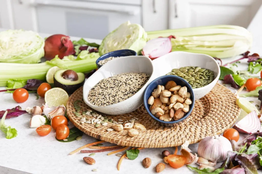Bowls of mixed plant-based protein sources like seeds, nuts, and vegetables on a kitchen counter