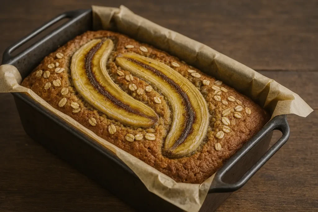 Naturally sweet banana oat bread cooling in parchment