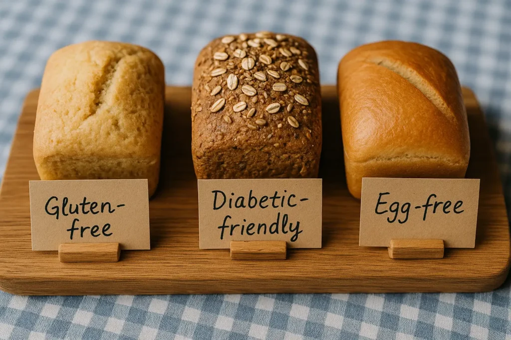 Healthy bread recipes: three mini loaves labeled gluten free, diabetic friendly, and egg free on a wooden tray over a blue checkered cloth.