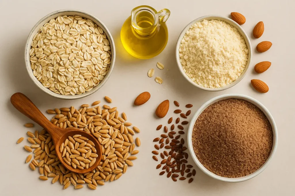 Whole ingredients for healthy clean bread recipes: oats, almond flour, flaxseed, olive oil