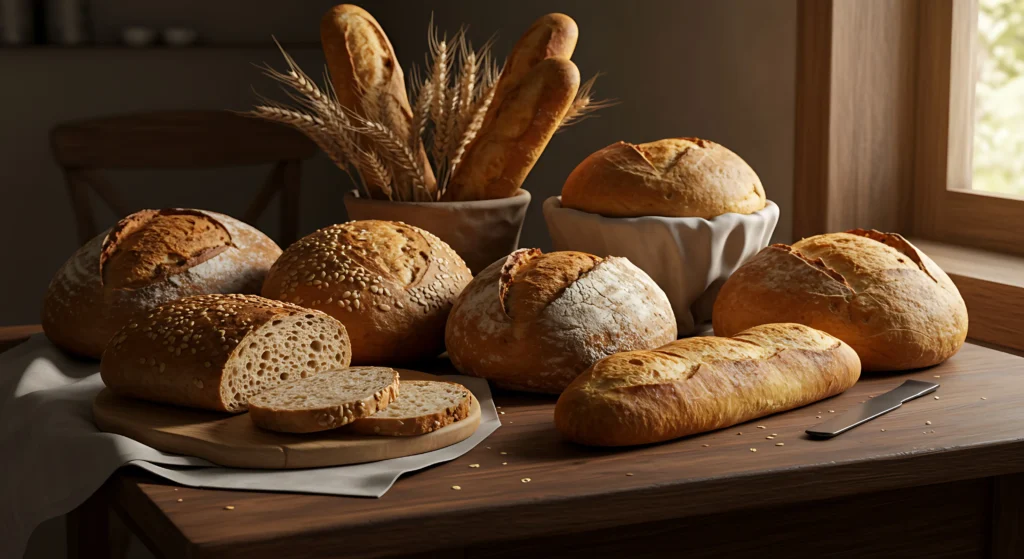 Whole grain and seeded artisan bread loaves on rustic table in natural kitchen light
