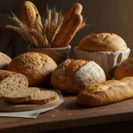 Whole grain and seeded artisan bread loaves on rustic table in natural kitchen light