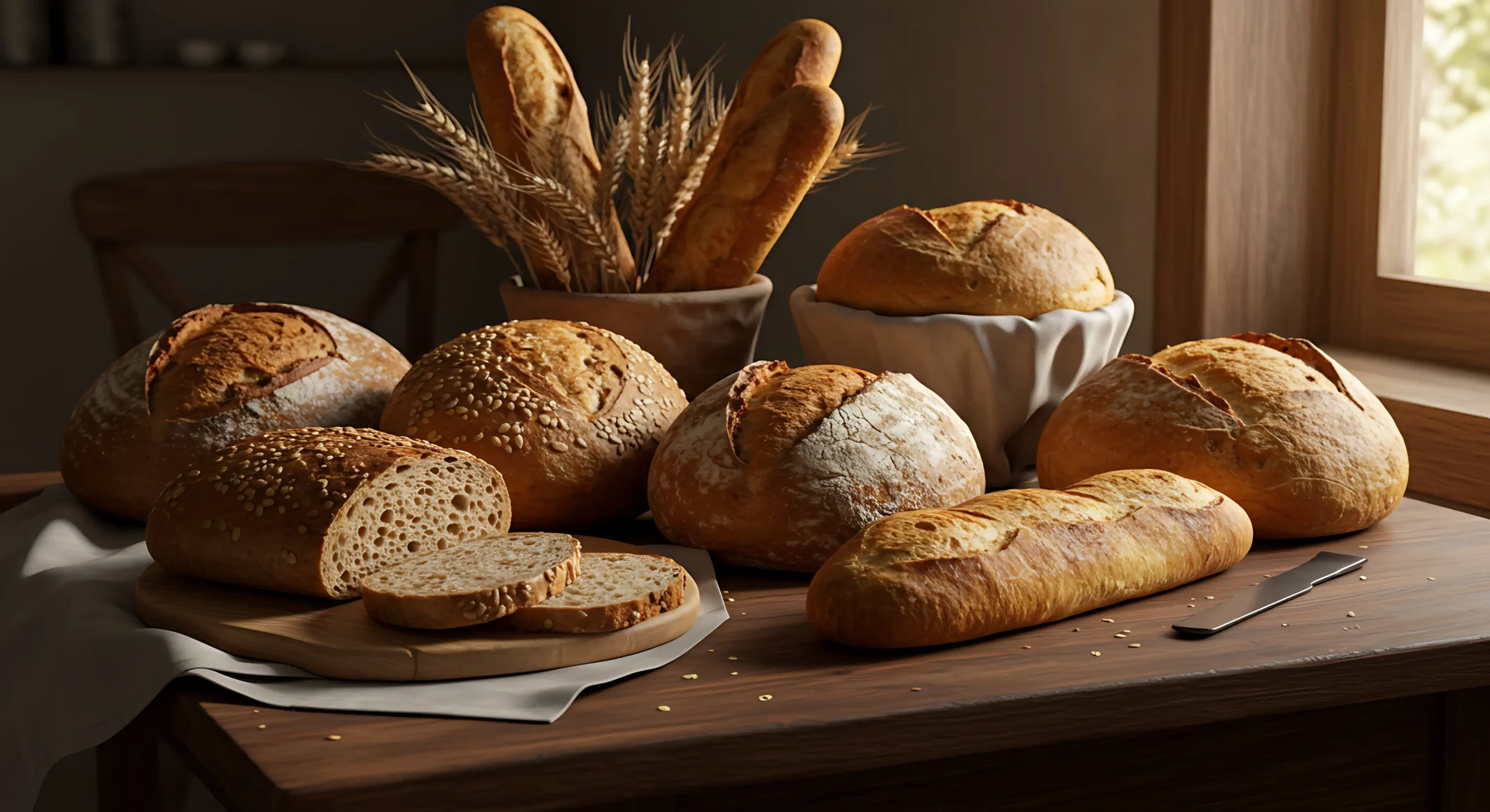 Whole grain and seeded artisan bread loaves on rustic table in natural kitchen light