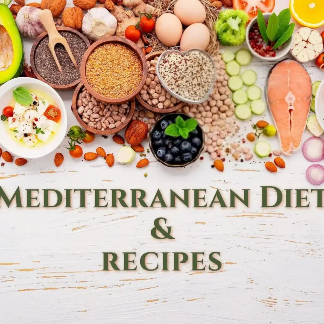 Mediterranean diet recipes banner with vegetables, beans, nuts, fish, eggs and olive oil on a white table