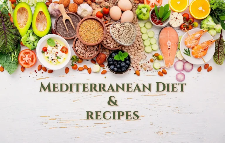 Mediterranean diet recipes banner with vegetables, beans, nuts, fish, eggs and olive oil on a white table