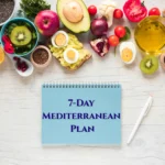 A blue meal planning notepad and pen sit among Mediterranean diet staples like oats, fresh pomegranate, olive oil, and avocado toast.