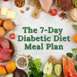 A top-down view of diabetic-friendly whole foods, including fresh salmon, lean chicken, broccoli, and low-glycemic fruits, framing the title The 7-Day Diabetic Diet Meal Plan.