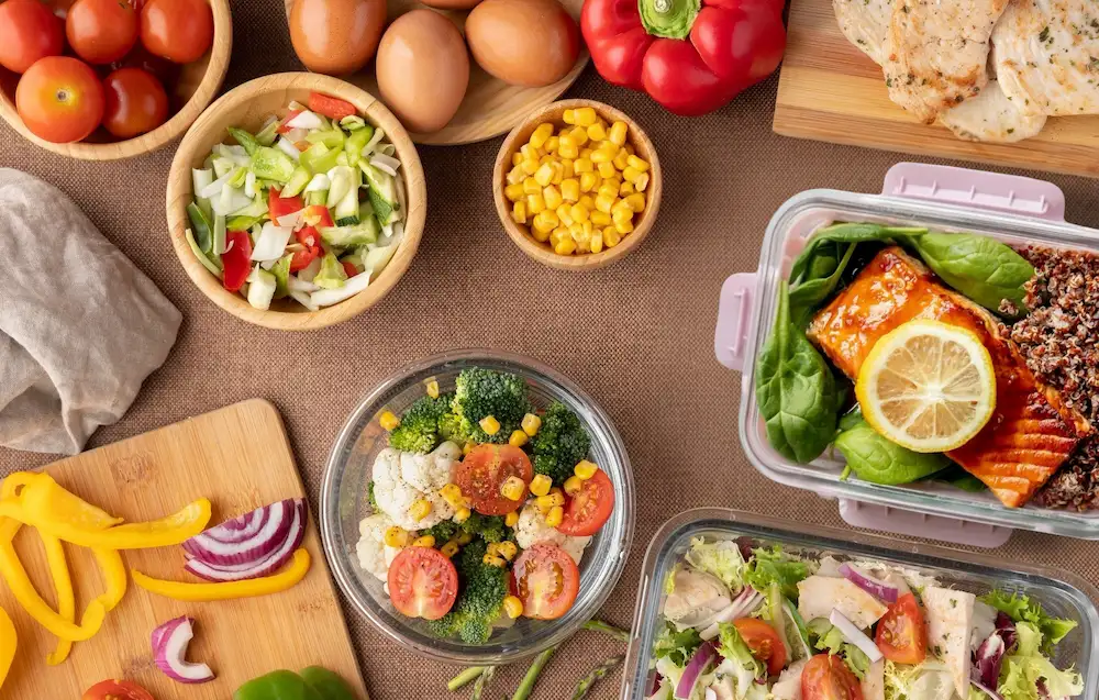 A top-down flat lay of a diabetic-friendly meal prep session, featuring raw ingredients like eggs and bell peppers, freshly chopped vegetables on a cutting board, and finished glass containers filled with salmon, quinoa, and chicken salad.