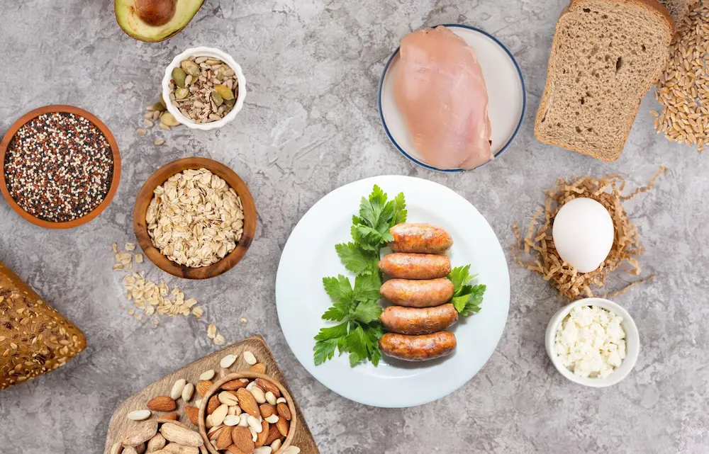 Conceptual flat-lay of easy high-protein breakfast ingredients demonstrating lean proteins like chicken and eggs, whole grains like oats, and healthy fats like avocado.
