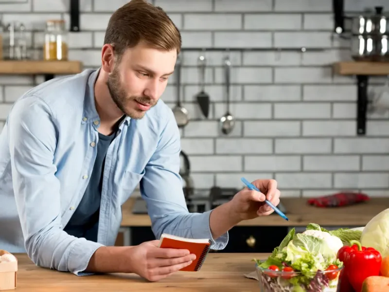 Young nutrition blogger planning clean-eating recipes with fresh vegetables on the counter