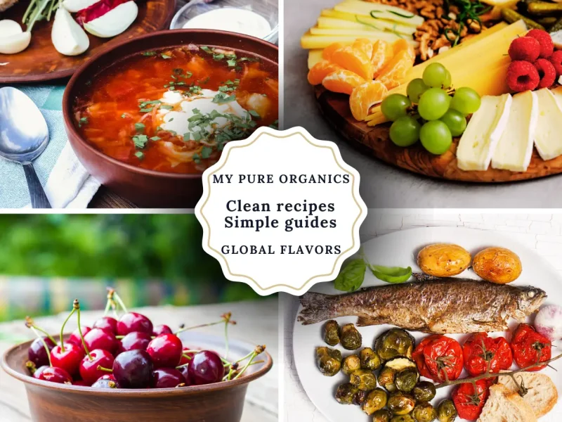 Collage of wholesome meals showing clean recipes, simple nutrition guides and global flavors from My Pure Organics.